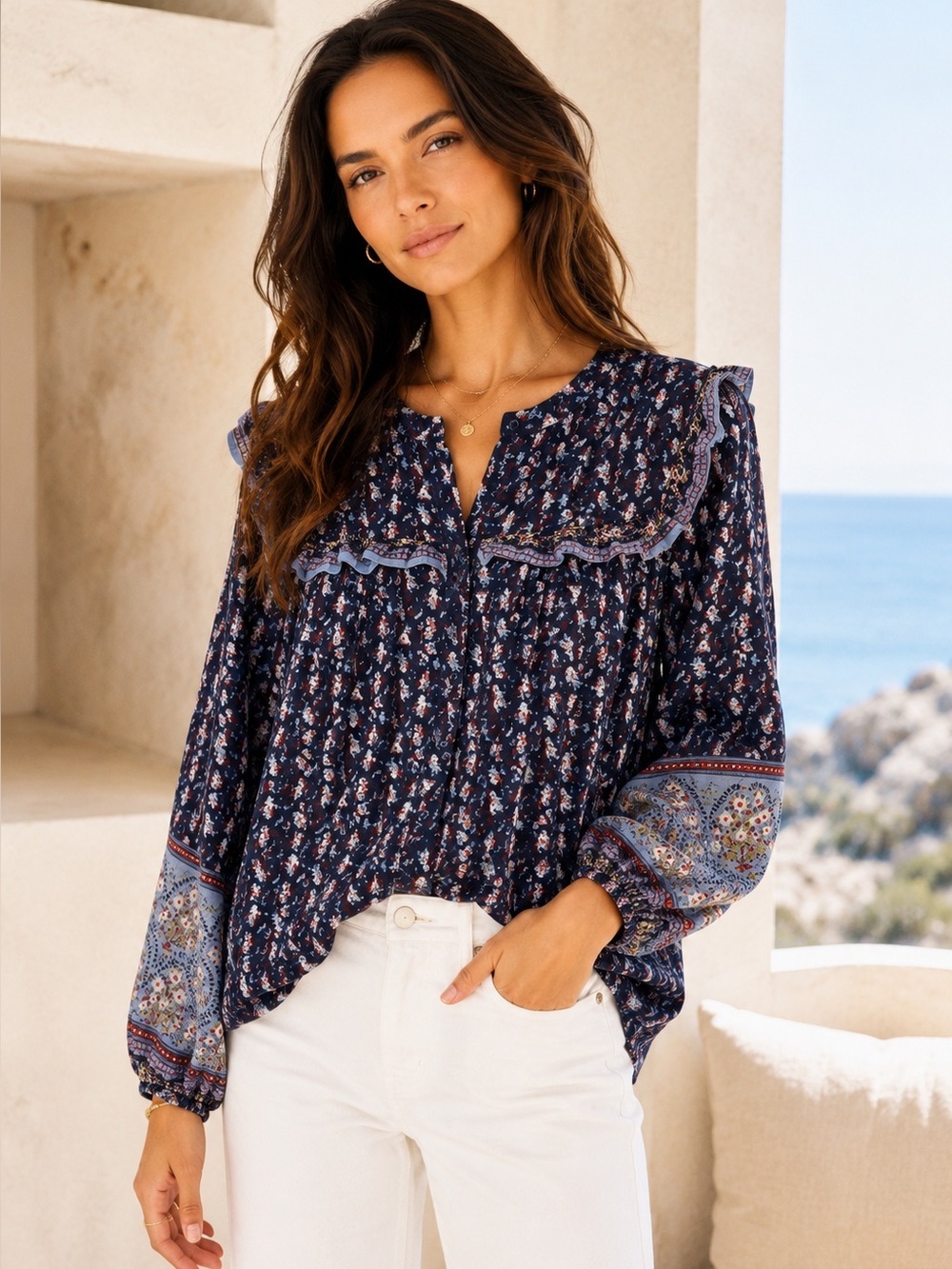 Joie Floral Cotton Peasant Blouse Navy Ruffle Yoke XL